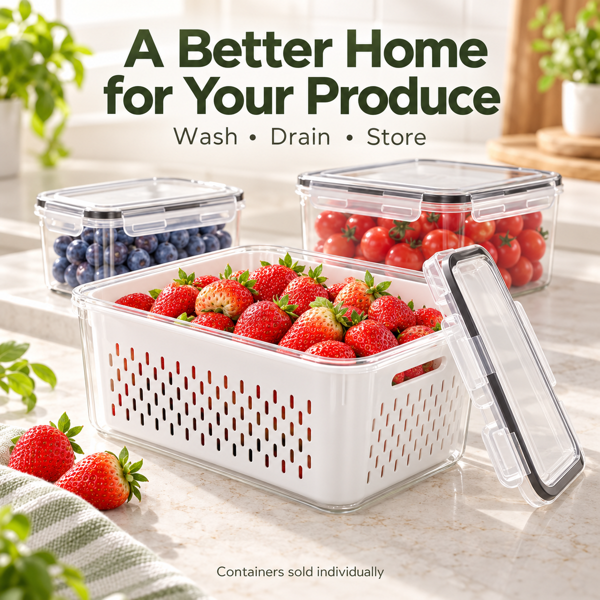 Fruit & Vegetable Storage Container with Removable Drain Basket