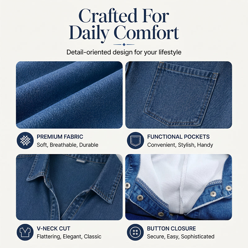 π 50% OFF NOW! π Casual Pocket Denim Midi Shirt Dress β Soft denim & relaxed fit β Functional pockets, perfect for everyday casual β comfortable and versatile β¨πΈ