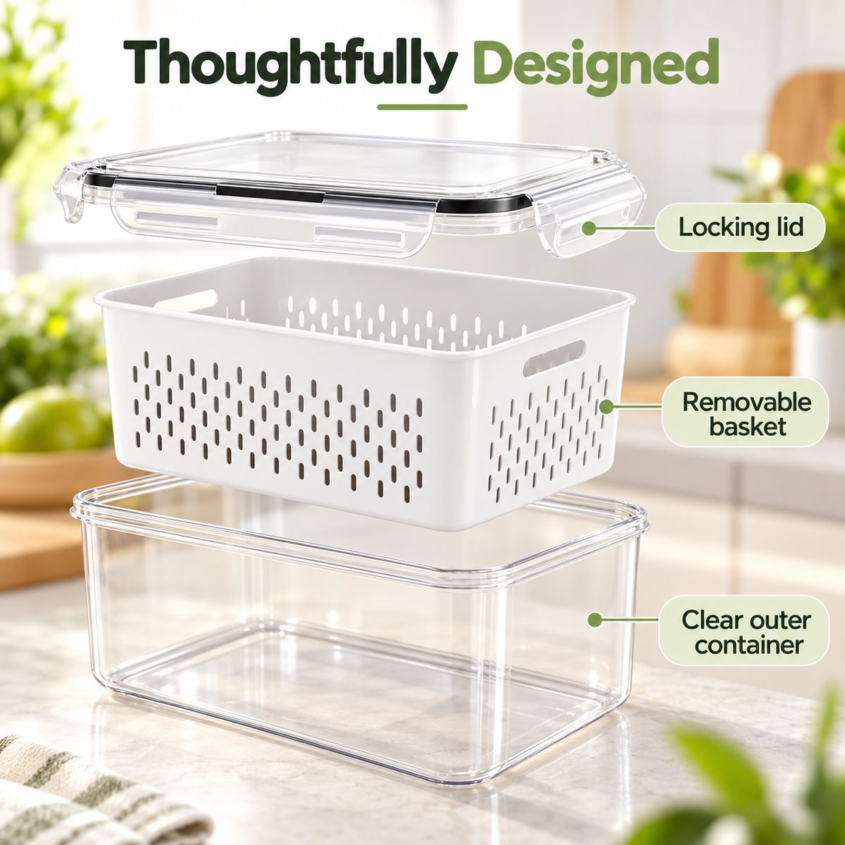Fruit & Vegetable Storage Container with Removable Drain Basket
