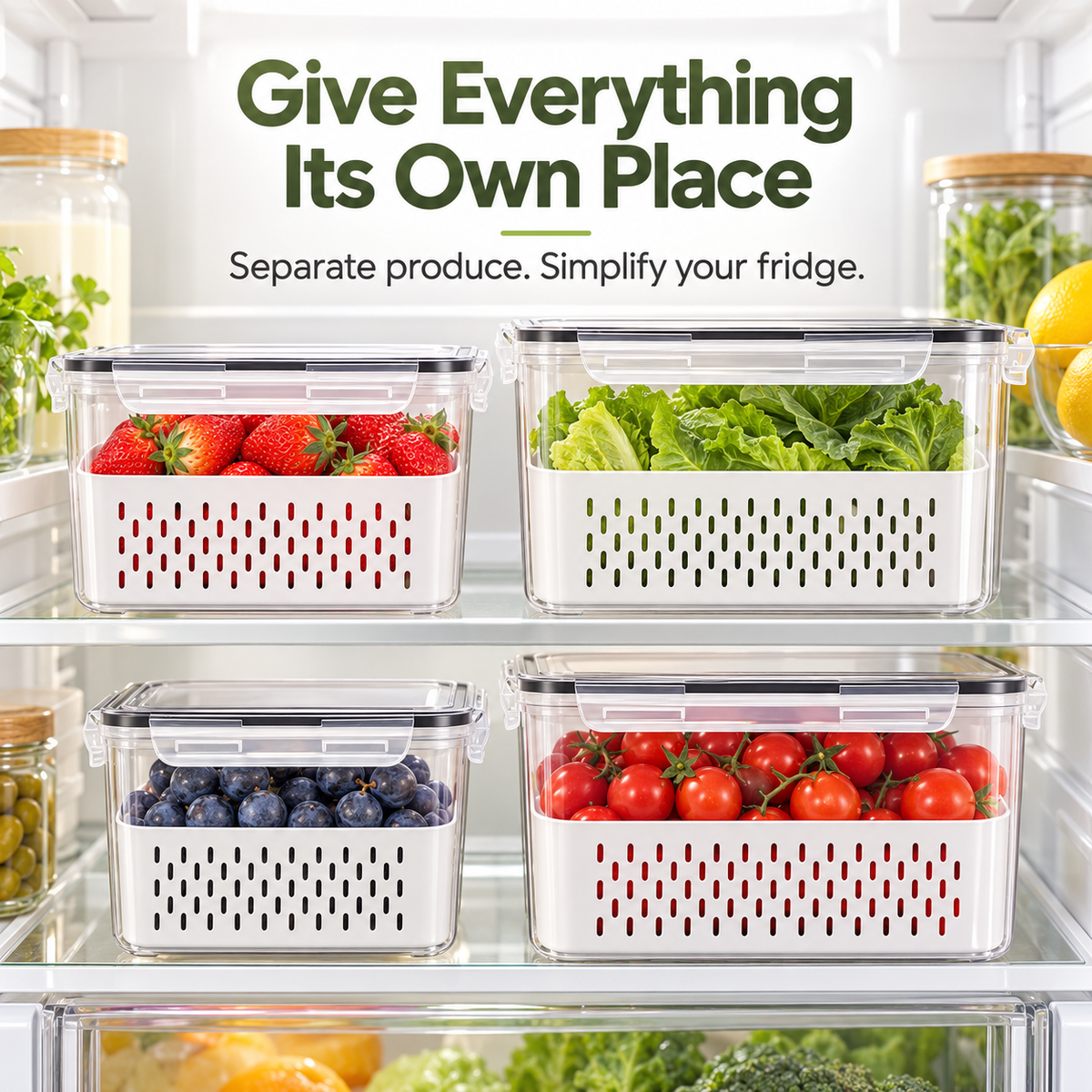 Fruit & Vegetable Storage Container with Removable Drain Basket
