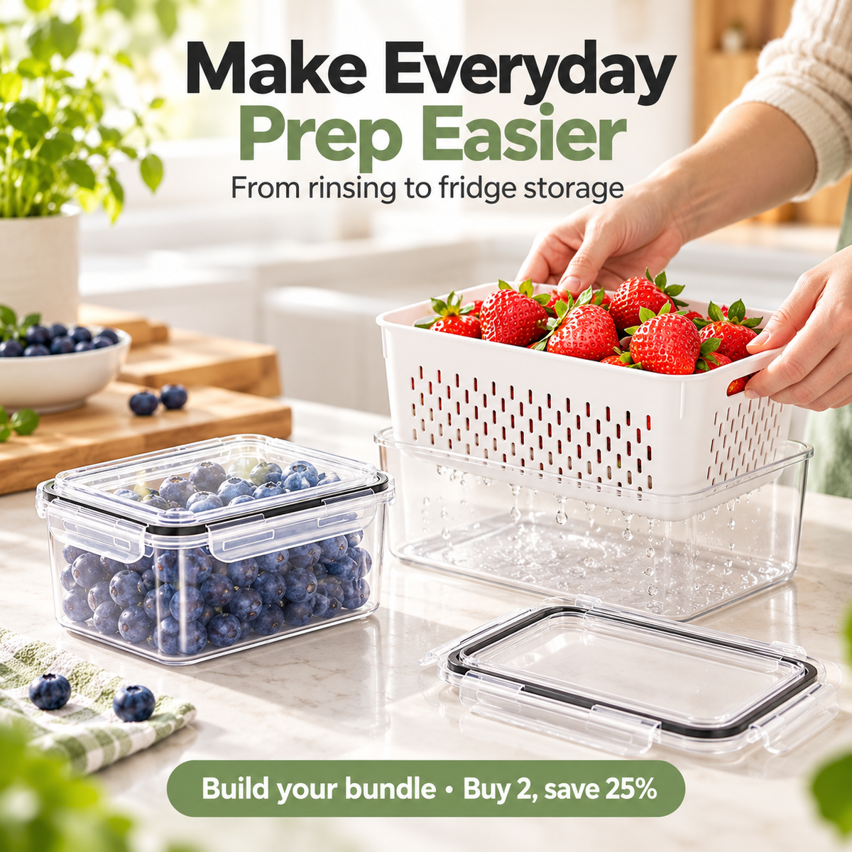 Fruit & Vegetable Storage Container with Removable Drain Basket
