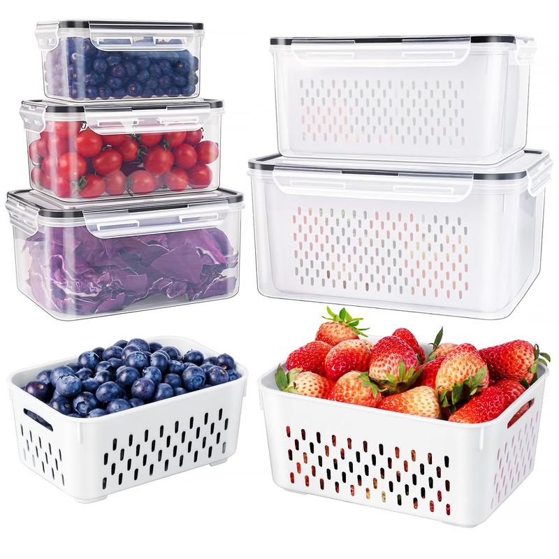 Fruit & Vegetable Storage Container with Removable Drain Basket