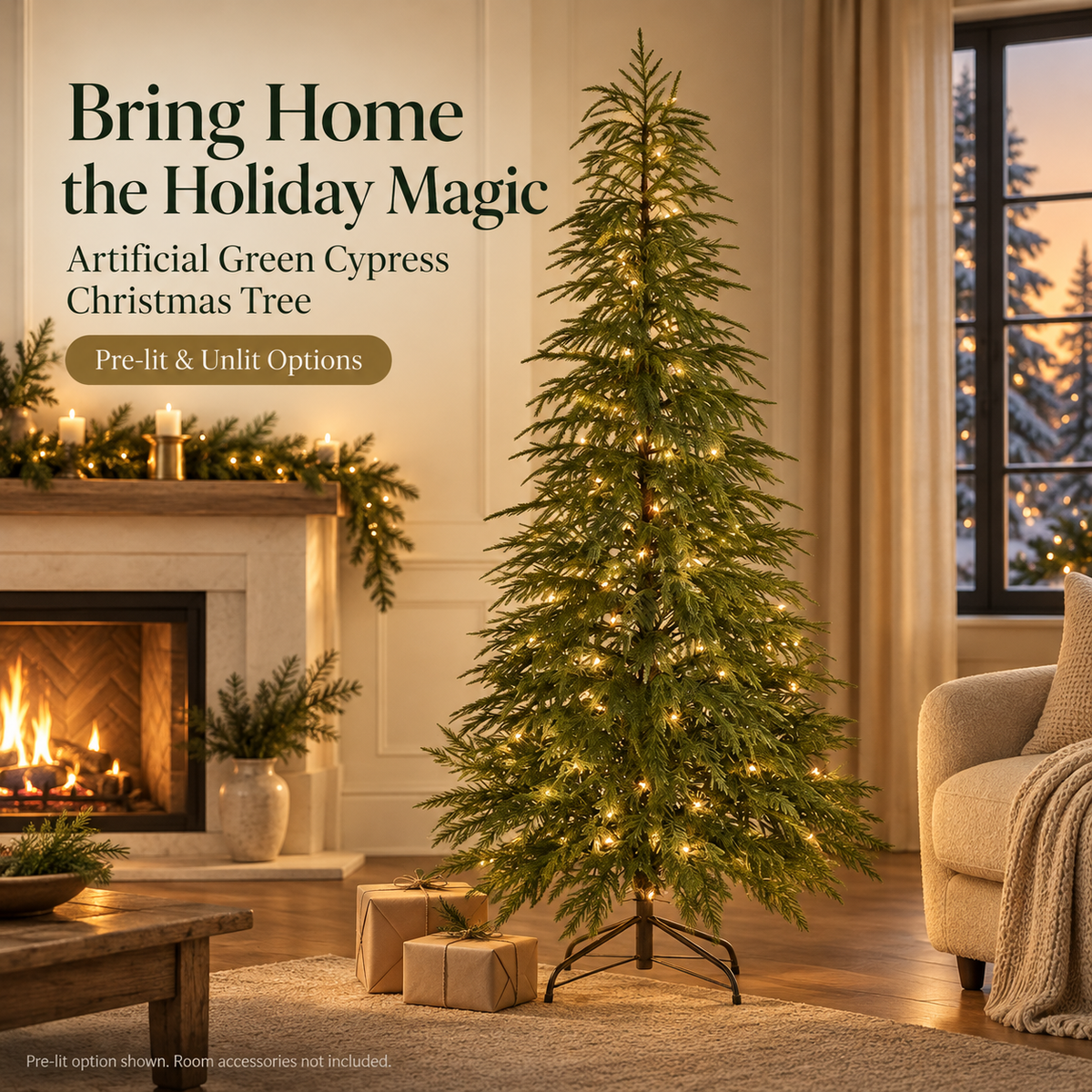Pre-lit artificial cypress Christmas tree beside a fireplace