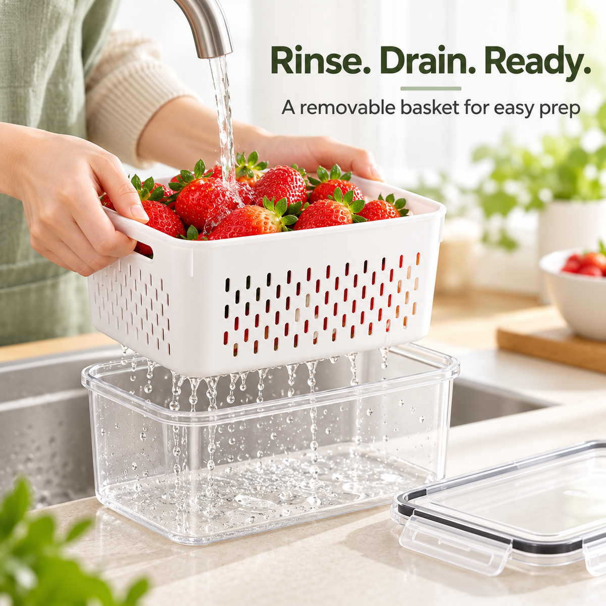 Fruit & Vegetable Storage Container with Removable Drain Basket