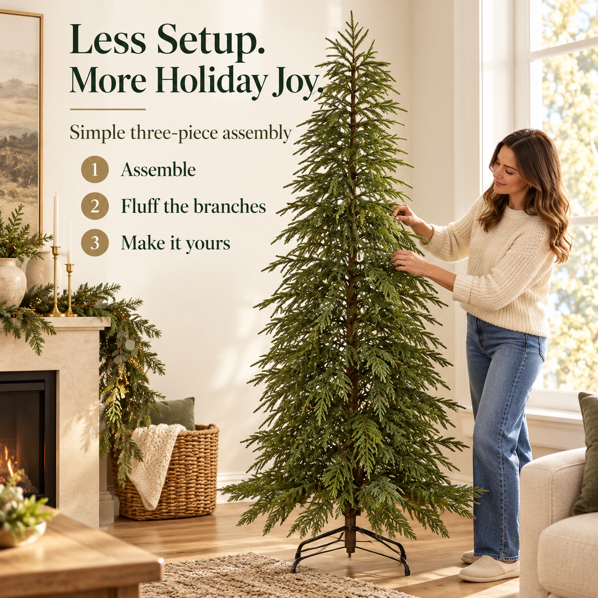 Shaping the branches of an artificial cypress Christmas tree