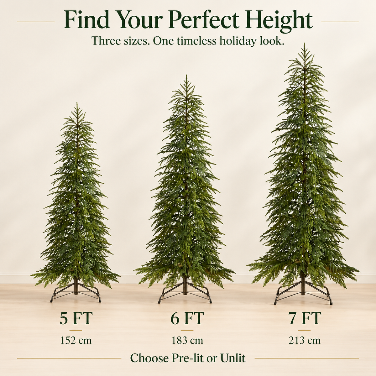 Artificial cypress Christmas tree height comparison: 5 FT, 6 FT and 7 FT