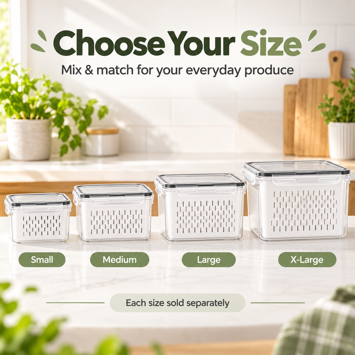 Fruit & Vegetable Storage Container with Removable Drain Basket