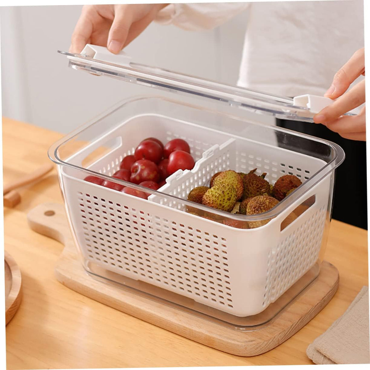 Fruit & Vegetable Storage Container with Removable Drain Basket