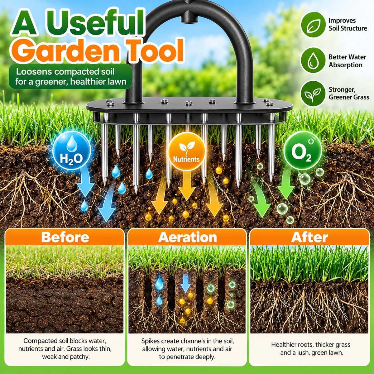 🌱 Manual Lawn Aerator – Carbon Steel Core Aerator for Compacted Soil ✨