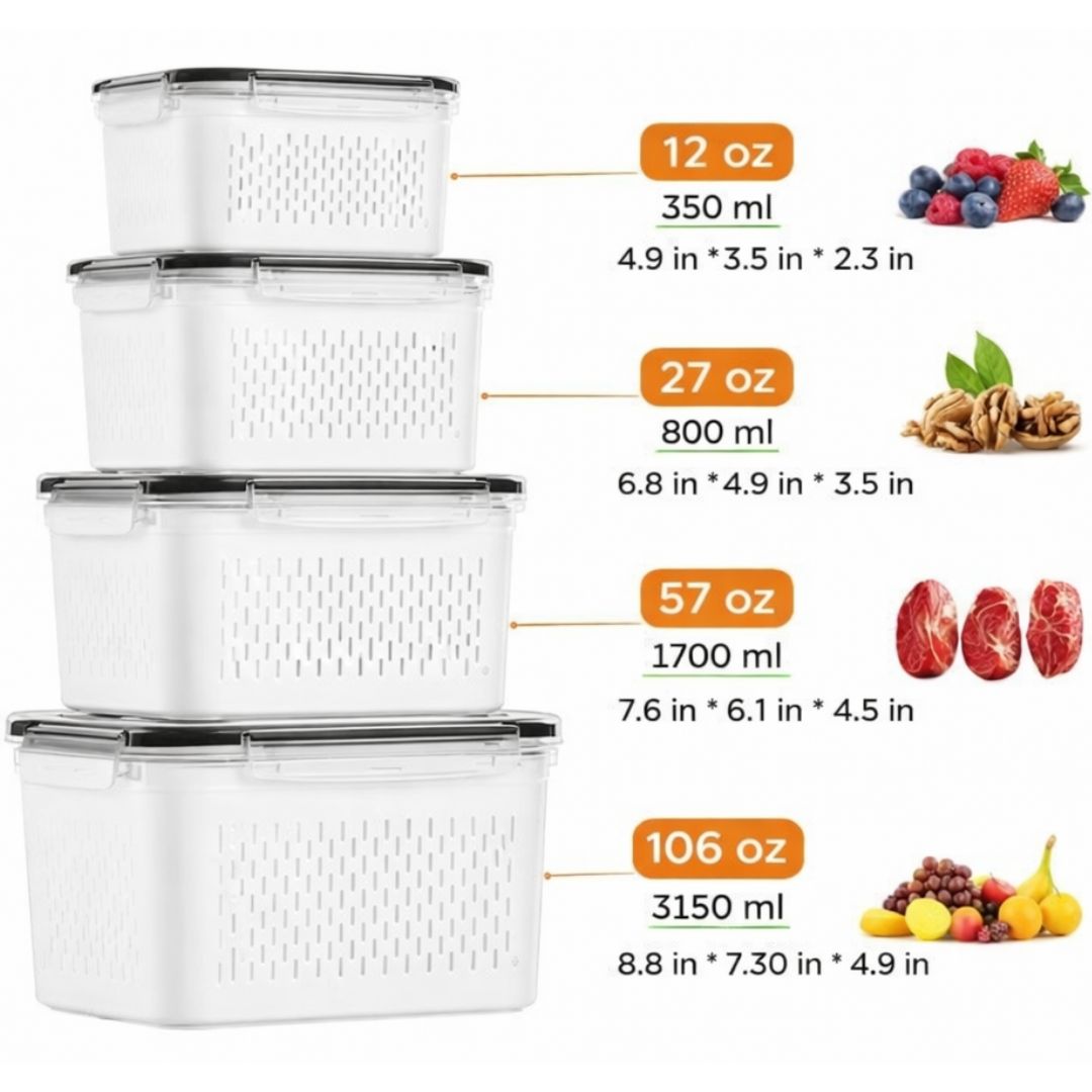 Fruit & Vegetable Storage Container with Removable Drain Basket